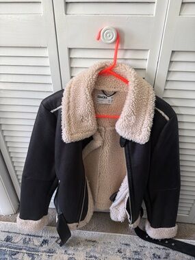 Women’s Black Leather Jacket with Cream Sherpa Lining